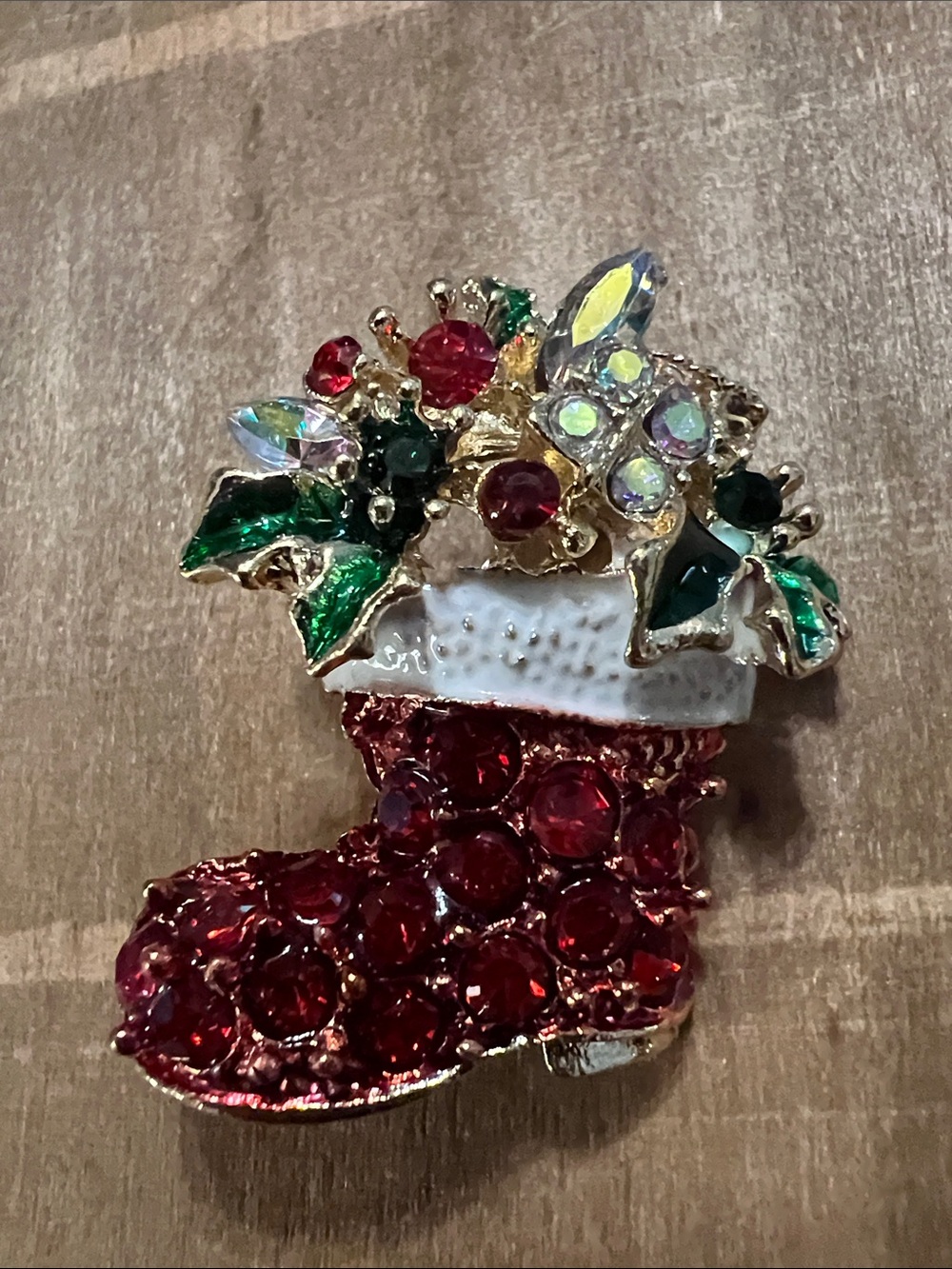 3/$18 Festive Red Crystal Christmas Stocking Brooch Lot 1032